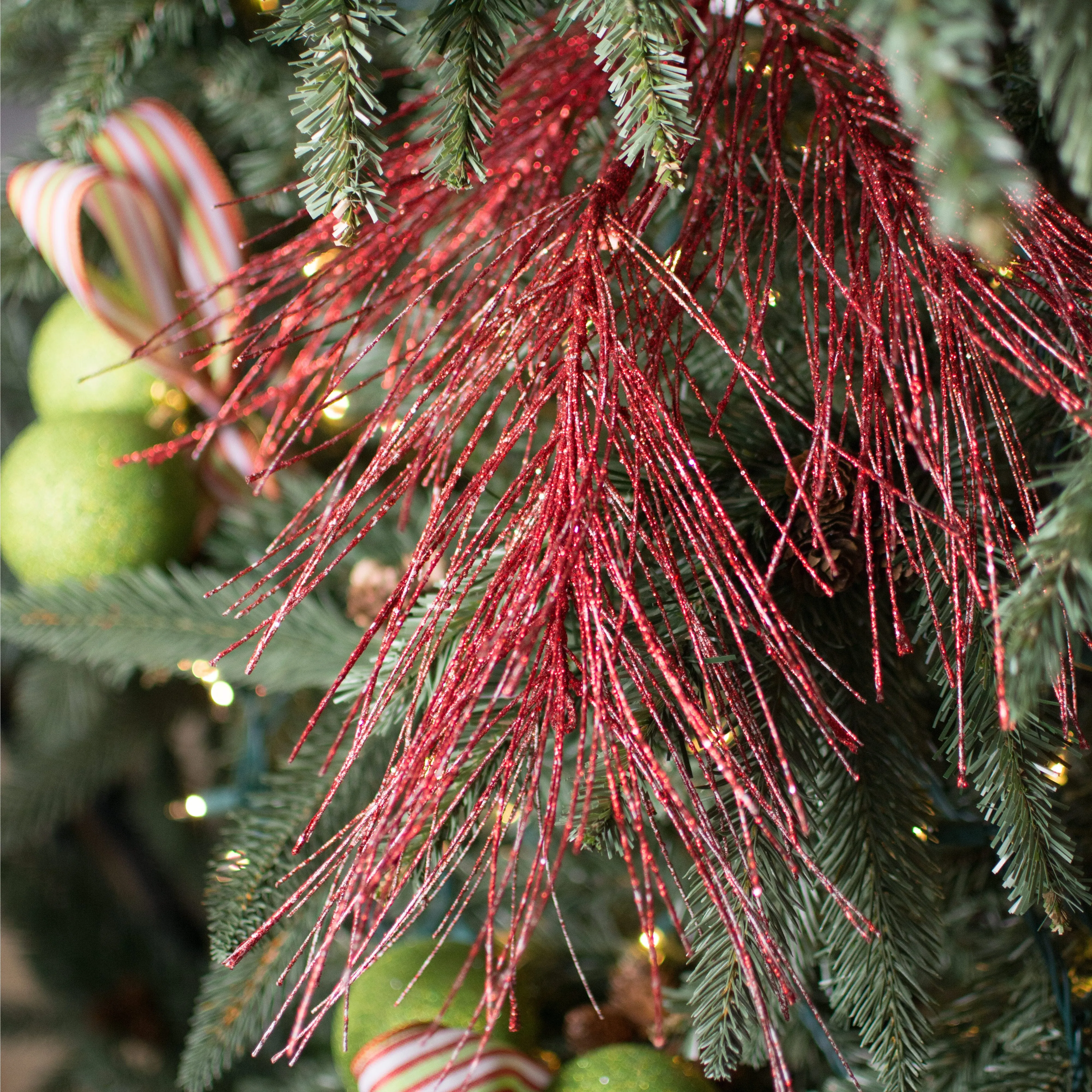 28" Glitter Pine Needle Spray: Red