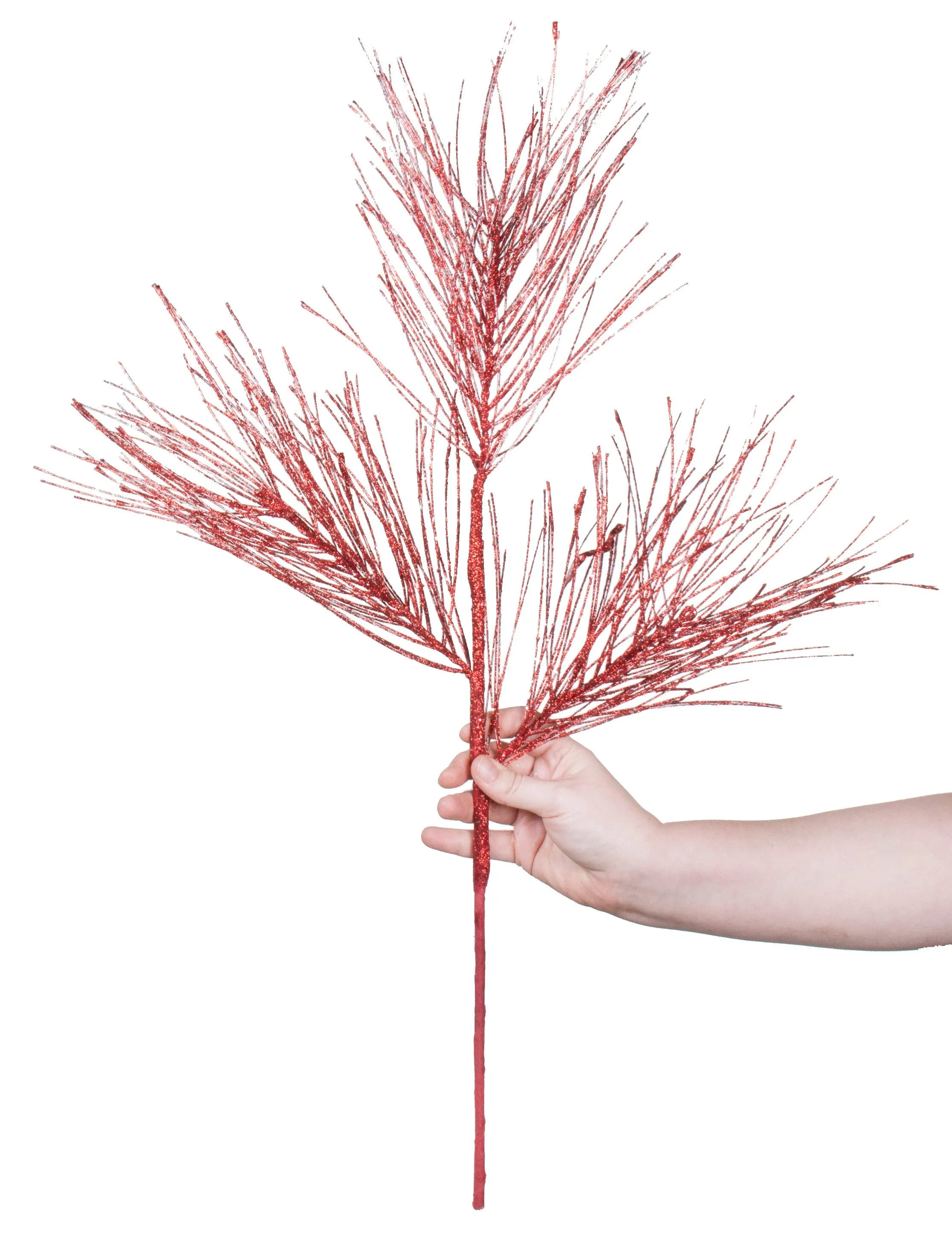 28" Glitter Pine Needle Spray: Red