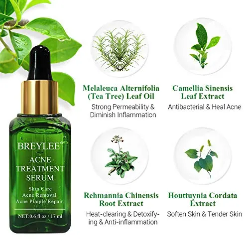 Acne Treatment Serum, BREYLEE Tea Tree Clear Skin Serum for Clearing Severe Acne, Breakout, Remover Pimple and Repair Skin (17ml,0.6oz)