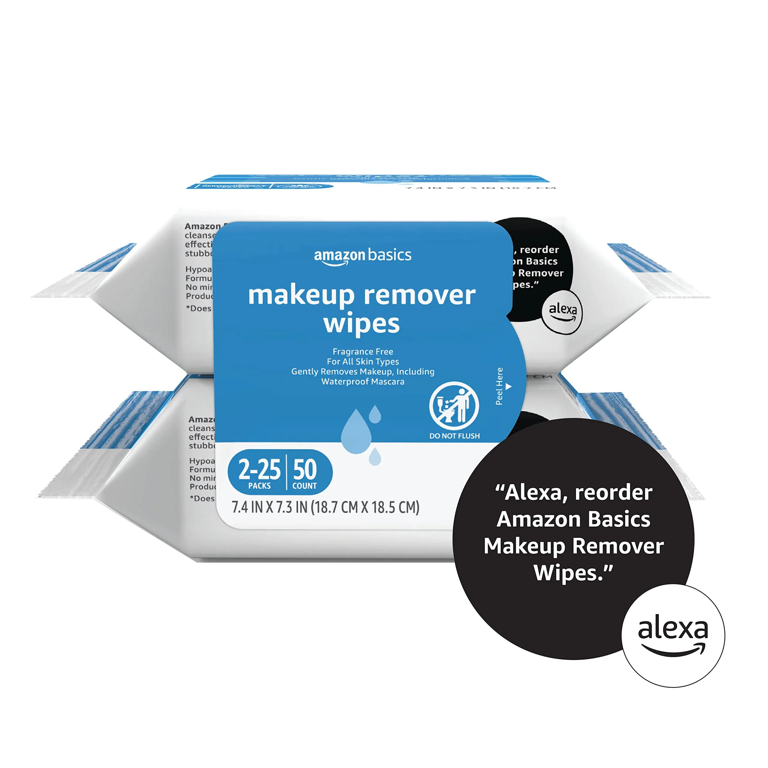 Amazon Basics Make Up Remover Wipes, Fragrance Free, 25 Count, Pack of 2 (Previously Solimo)