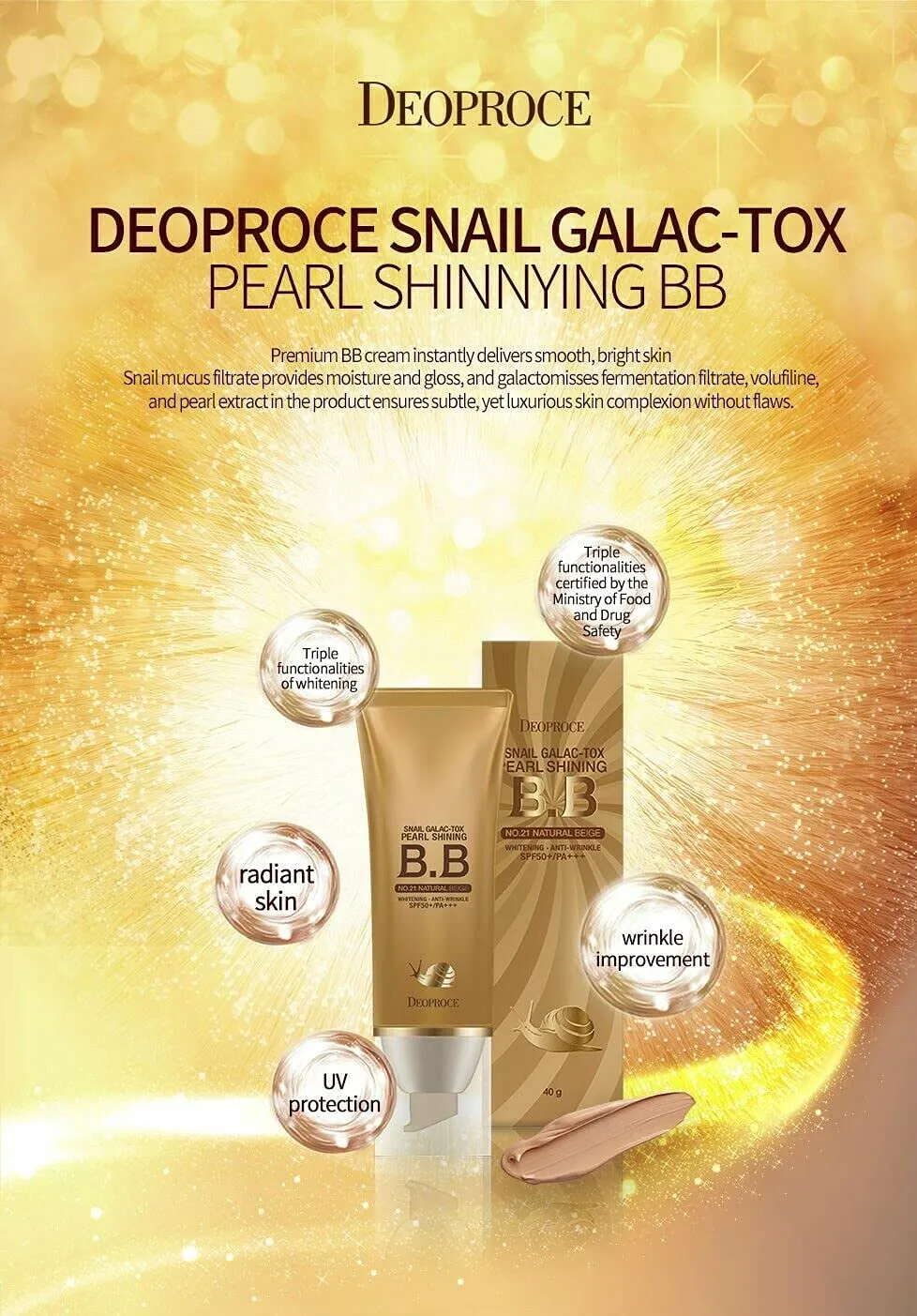 Deoproce Pearl Shining BB Cream Snail Galac SPF50 /PA    Face Moisturizer Skin Tone Correction Blemish Covering UVA/UVB Block reduction Korean Makeup Anti Wrinkle (#21 Natural Beige)