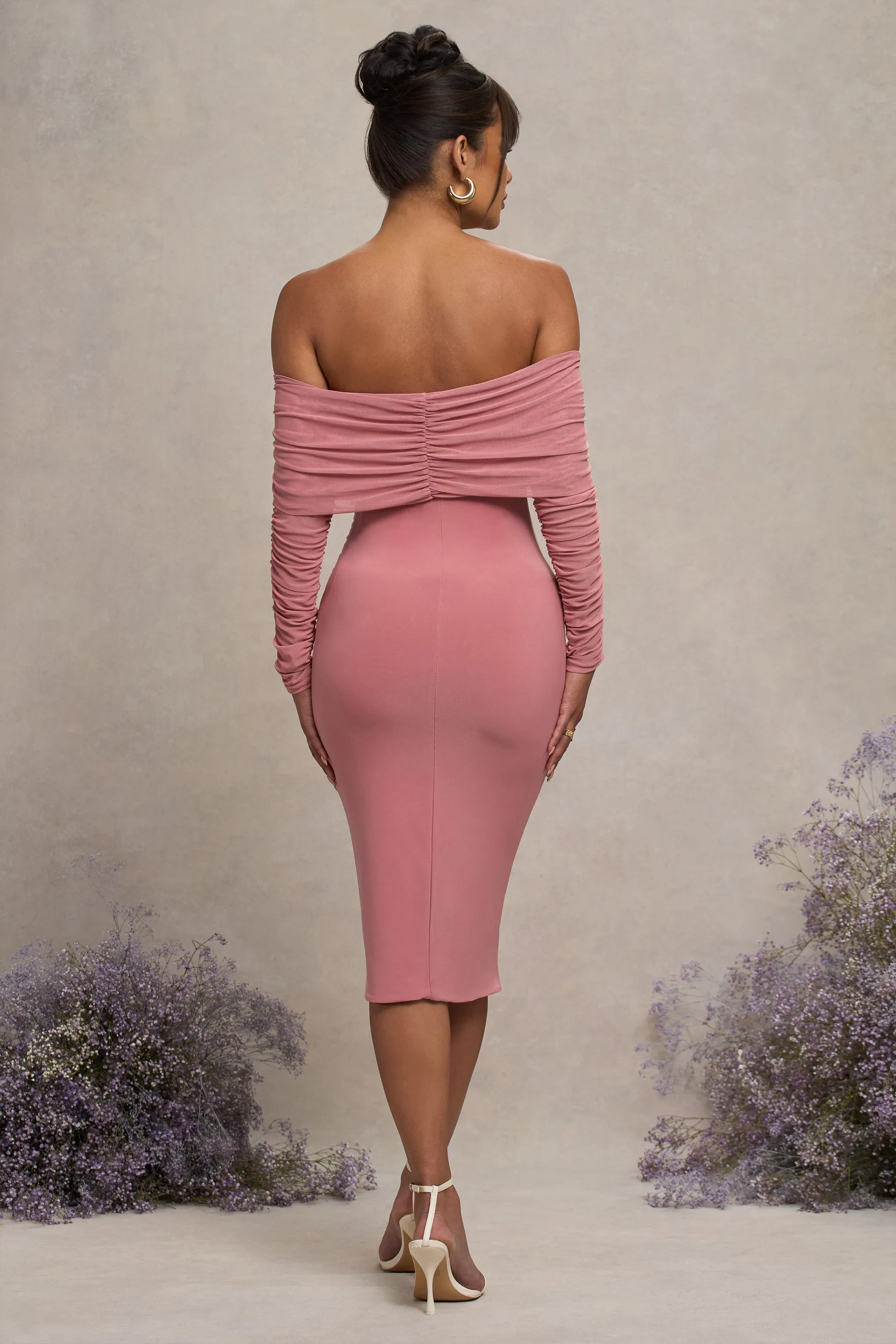 Patiently Waiting | Blush Pink Maternity Ruched Mesh Bardot Midi Dress