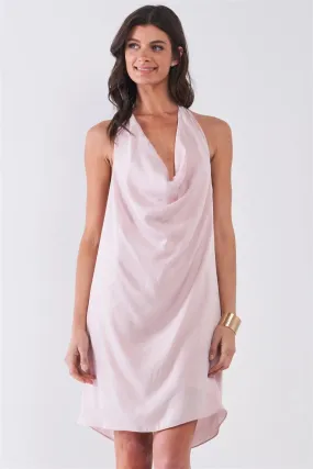 Solid Blush Satin Open Back Self-Tie Halter Cowl Neck Tube Mini Dress /1-2-2-1