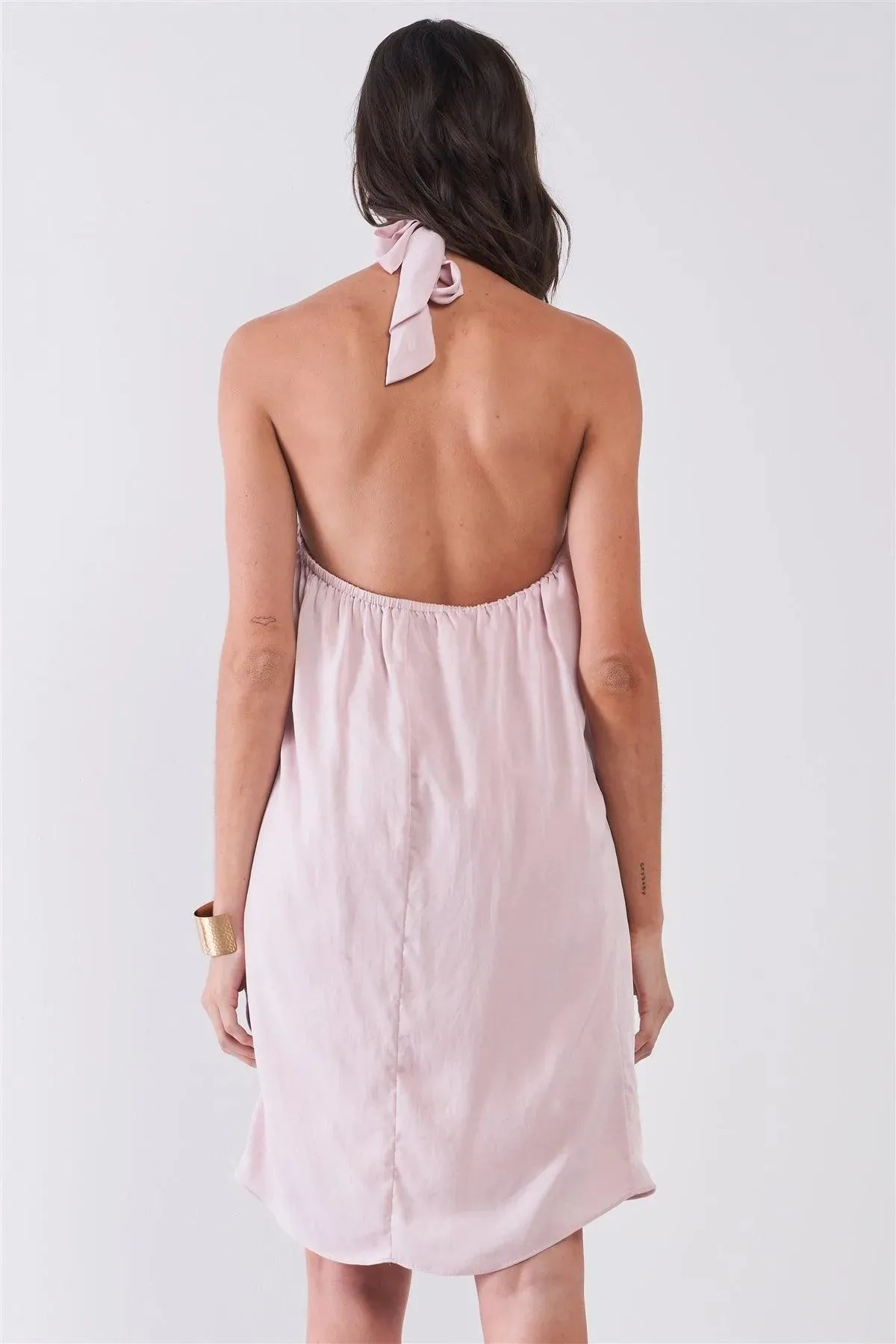 Solid Blush Satin Open Back Self-Tie Halter Cowl Neck Tube Mini Dress /1-2-2-1