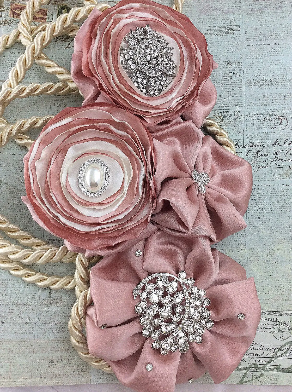 Wedding Gift Traditional satin rope lasso/dusty rose lasso/with blush/dusty rose/dusty rose/flowers and silver diamond brooches  pearls